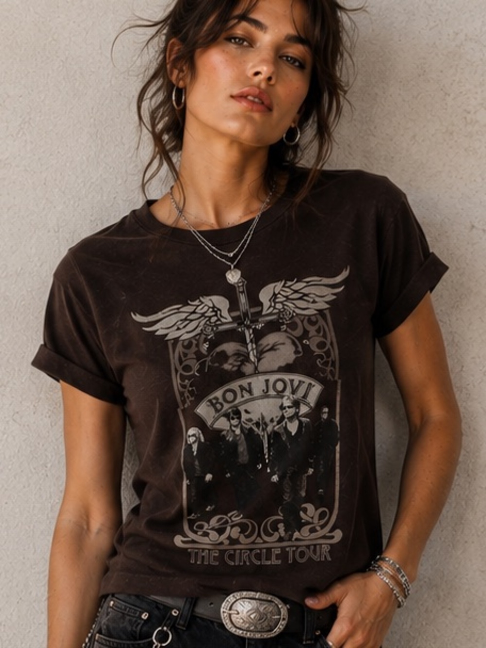 🤎 Bon Jovi The Circle Tour Brown Graphic Band Tee Size Small